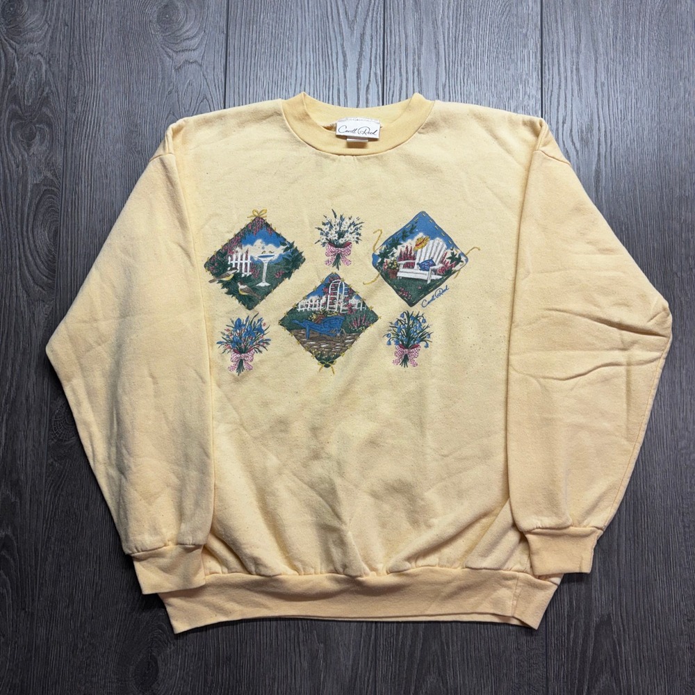 Vintage Carroll Reed Yellow Garden Graphic Sweatshirt 90s Cottagecore Large